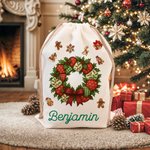 Personalized Patchwork Element Christmas Tree Santa Claus Canvas Drawstring Gift Bag with Name Christmas Gift for Family Kids