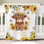 Personalized Cute Highland Cow Sunflowers Soft Throw Blanket with Name Home Decor Birthday Baby Shower Gift for Kids