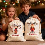 Personalized Cute Cartoon Elk Design Christmas Drawstring Gift Bag with Name Christmas Gift for Kids Family