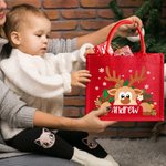 Personalised Cartoon Reindeer Reusable Red Jute Tote Bag with Name Christmas Party Gift for Family Kids