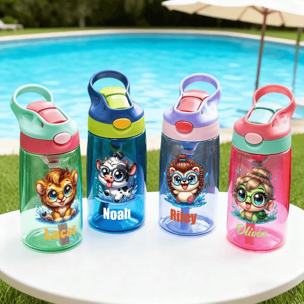 Personalised Cartoon Animals 16 oz Kid Water Bottle with Name and Silicone Straw Back to School Birthday Gift for Boys Girls