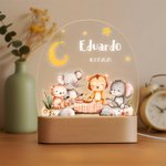 Luz nocturna LED personalizada de animales del bosque con base de madera y nombre decoración para habitación y regalo de cumpleaños para niños
