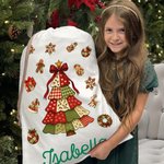Personalized Patchwork Element Christmas Tree Santa Claus Canvas Drawstring Gift Bag with Name Christmas Gift for Family Kids
