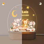 Luz nocturna LED personalizada de animales del bosque con base de madera y nombre decoración para habitación y regalo de cumpleaños para niños
