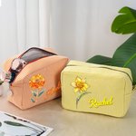 Personalised Retro Oil Painting Gemstone Birth Flower Large Capacity Stripes Makeup Bag with Name Travel Essentials Bridesmaid Birthday Gift for Women