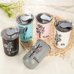 Personalised Watercolour Birth Flower Bow 10 oz Insulated Travel Coffee Cup with Name Birthday Christmas Gift for Women
