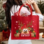 Personalised Cartoon Reindeer Reusable Red Jute Tote Bag with Name Christmas Party Gift for Family Kids
