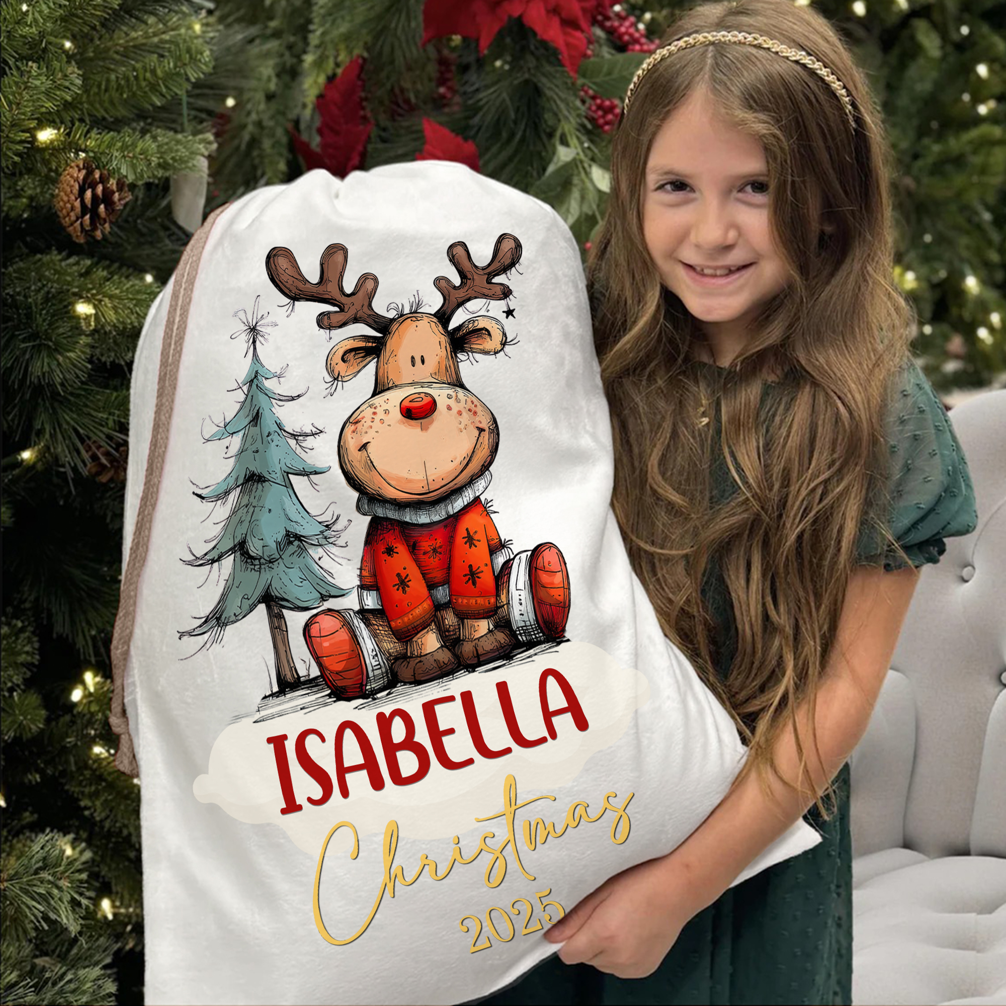 Sac de Noël à cordon personnalisé avec nom Cadeau de Noël pour enfants Famille