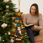 Personalised Cartoon Reading Character Christmas Tree Acrylic Ornament with Name Tree Decor Christmas Gift for Book Lovers