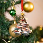 Book Lover Gift Personalized Christmas Ornament Wooden Book Tree Design Custom Name Library Decor for Bookworms