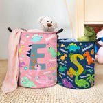Personalized Multicolor Cute Dinosaur Large Waterproof Laundry Basket with Name and Initial Christmas Birthday Gift for Family Dinosaur Lovers