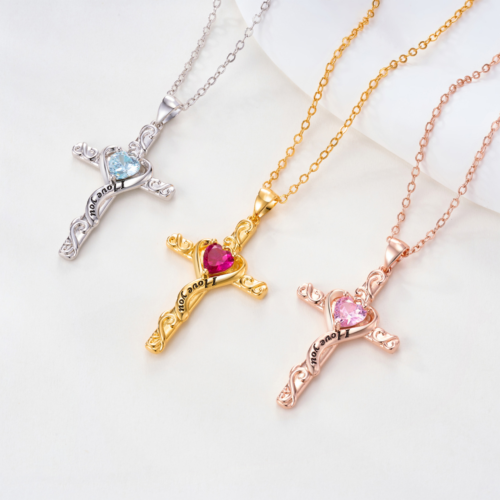 Collier de croix personnalisé I Love You Birthstone Dainty Jewelry Baptism Prayer Day Anniversary Gift for Women Christians
