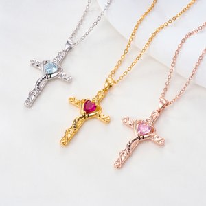 Personalised I Love You Birthstone Cross Necklace Dainty Jewellery Baptism Prayer Day Anniversary Gift for Women Christians