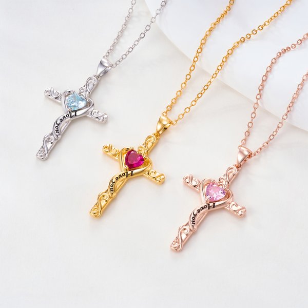 Personalized I Love You Birthstone Cross Necklace Dainty Jewelry Baptism Prayer Day Anniversary Gift for Women Christians