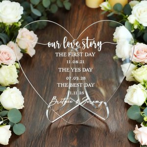 Personalisierte Herzform Unsere Liebe Geschichte Acryl Hochzeit Zeichen mit Namen und Datum Hochzeit Jahrestag Engagement Geschenk für Paar