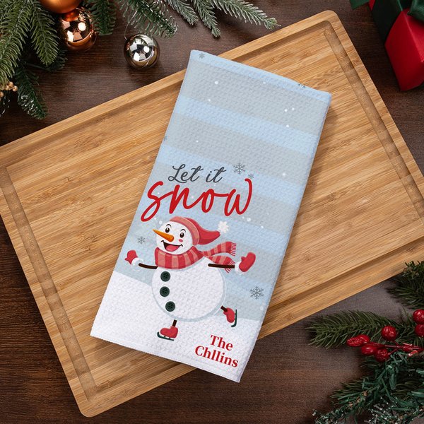 Personalized Ice Skating Snowman Kitchen Tea Towel with Text Kitchen Supplies Christmas Gift for Family Friends