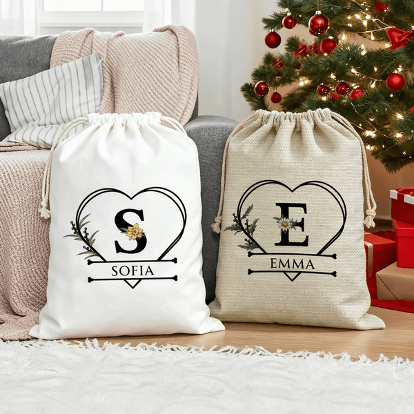 Gepersonaliseerde geboorte bloem hart initiaal koord Gift Bag met naam verjaardag verjaardag kerstcadeau voor kinderen familie vrienden