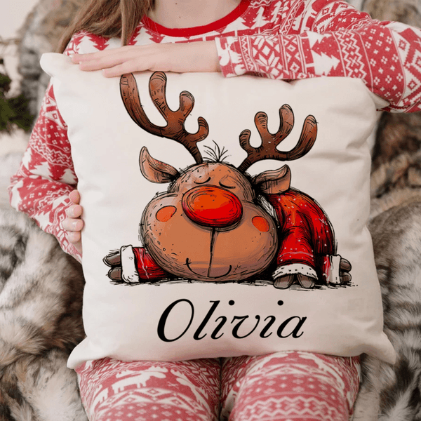 Personalized Cute Reindeer Christmas Tree Soft Throw Pillow Cover with Name Home Decor Christmas Birthday Gift for Family Friends