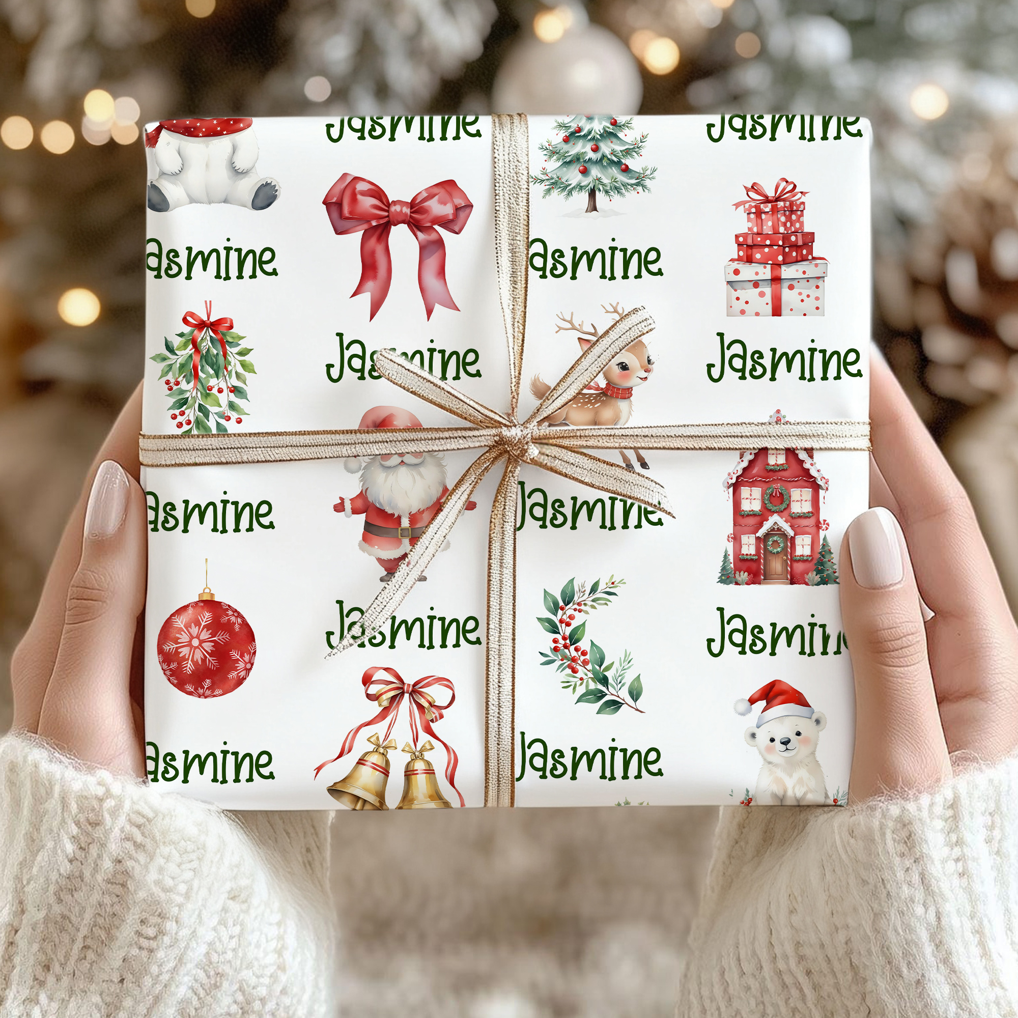 Papier d'emballage personnalisé Père Noël Elan Bonhomme de neige avec nom Cadeau d'emballage de Noël pour enfants Famille Amis