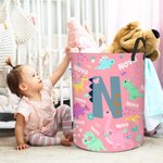 Personalized Multicolor Cute Dinosaur Large Waterproof Laundry Basket with Name and Initial Christmas Birthday Gift for Family Dinosaur Lovers