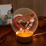 Personalised Grandma Heart with Family Kids Names LED Night Light with Wooden Base Christmas Mother's Day Gift for Mom Grandma