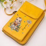 Personalised Cartoon Reading Character PU Leather Phone Wallet Crossbody Bag with Birth Flower and Name Birthday Christmas Gift for Family Friends