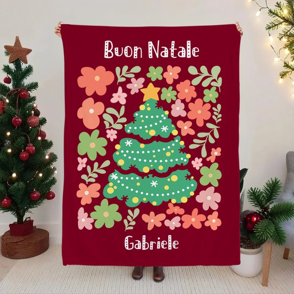 Coperta morbida personalizzata con nome e testo tema albero di Natale floreale colorato decor per casa regalo di Natale per famiglia e amici