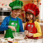 Gepersonaliseerd schattig polkadot initieel verstelbaar kinderschort koksmuts set met naam en zak voor koken verjaardagscadeau voor jongens meisjes
