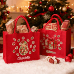 Personalized Christmas Theme Multiple Pattern Large Red Jute Tote Bag with Name Christmas Gift for Children Friends