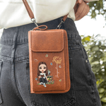 Personalised Cartoon Reading Character PU Leather Phone Wallet Crossbody Bag with Birth Flower and Name Birthday Christmas Gift for Family Friends
