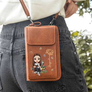 Personalizzato Cartoon Reading Personaggio in pelle PU Telefono Portafoglio Crossbody Borsa con fiore di nascita e nome Compleanno Regalo di Natale per gli amici della famiglia