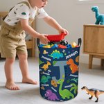 Personalized Multicolor Cute Dinosaur Large Waterproof Laundry Basket with Name and Initial Christmas Birthday Gift for Family Dinosaur Lovers