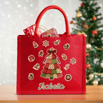 Personalized Christmas Theme Multiple Pattern Large Red Jute Tote Bag with Name Christmas Gift for Children Friends
