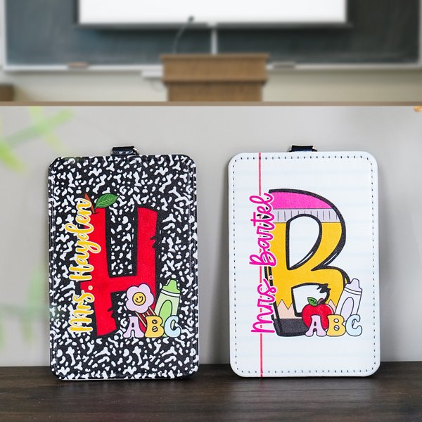 Personalised Pencil Composition Notebook Paper PU Leather ID Badge Holder with Text Back to School Appreciation Gift for Teacher