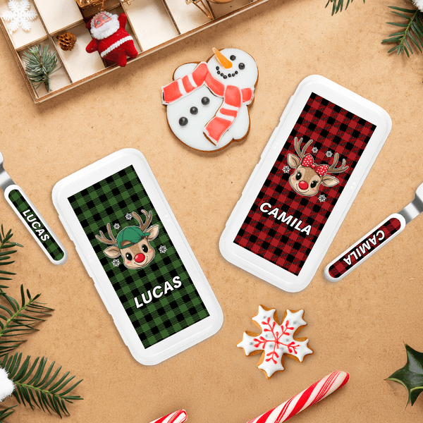Personalised Cartoon Reindeer Snowflake Plaid Kid Stainless Steel Fork Spoon Knife 3 Pcs Cutlery Set with Name and Case Christmas Gift for Boys Girls