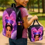 Personalized Cartoon Black Girl Backpack Lunch Bag Pencil Case Water Bottle Set with Name Back to School Christmas Gift for Black Girls