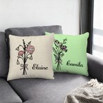 Personalized Birth Flower Pink Bow Multicolor Throw Pillow Cover with Name Home Decor Birthday Anniversary Gift for Women Girls