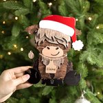 Personalized Cute Highland Cow Wooden Tabletop Decor with 12 Interchangeable Hats and Engraved Name Ear Tag Christmas Easter Gift for Cow Lovers