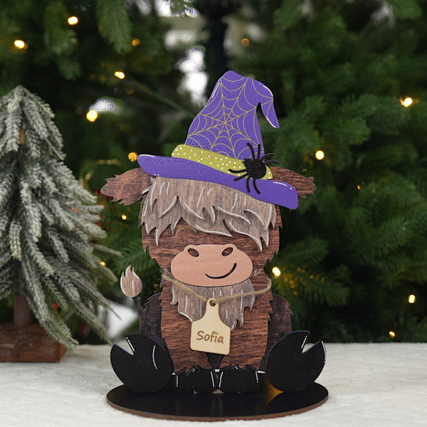 Personalized Cute Highland Cow Wooden Tabletop Decor with 12 Interchangeable Hats and Engraved Name Ear Tag Christmas Easter Gift for Cow Lovers