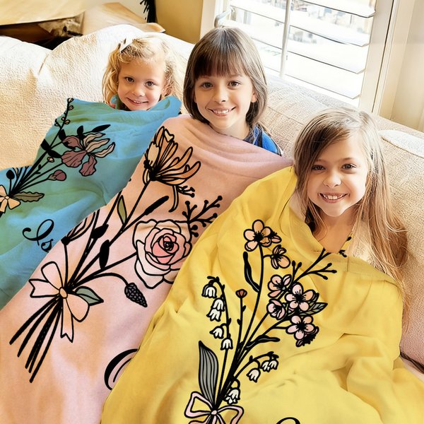 Personnalisé Fleur de naissance rose noeud Multicolore Douce couverture avec nom Décoration de la maison Anniversaire Noël Cadeau pour elle