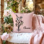 Personalized Birth Flower Pink Bow Multicolor Throw Pillow Cover with Name Home Decor Birthday Anniversary Gift for Women Girls