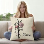 Personalized Birth Flower Pink Bow Multicolor Throw Pillow Cover with Name Home Decor Birthday Anniversary Gift for Women Girls