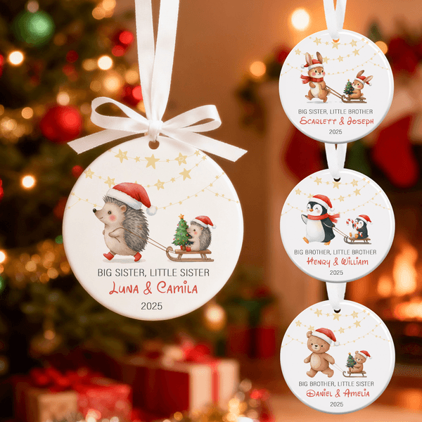 Personalized Watercolor Animal Siblings Christmas Ceramic Ornament with Title Name and Year First Christmas Gift for Newborns