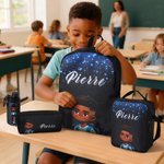 Personalised African Boy Pattern Backpack Lunch Bag Pencil Case Water Bottle Set of 4 with Name Back to School Christmas Gift for Boys Students
