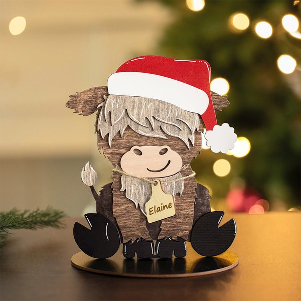 Personalised Cute Highland Cow Wooden Tabletop Decor with 12 Interchangeable Hats and Engraved Name Ear Tag Christmas Easter Gift for Cow Lovers