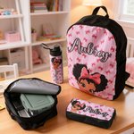 Personalized Cartoon Black Girl Backpack Lunch Bag Pencil Case Water Bottle Set with Name Back to School Christmas Gift for Black Girls