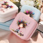 Personalised Cartoon Quirky Girl PU Leather Jewellery Box with Name Portable Travel Accessories Birthday Gift for Women Girls