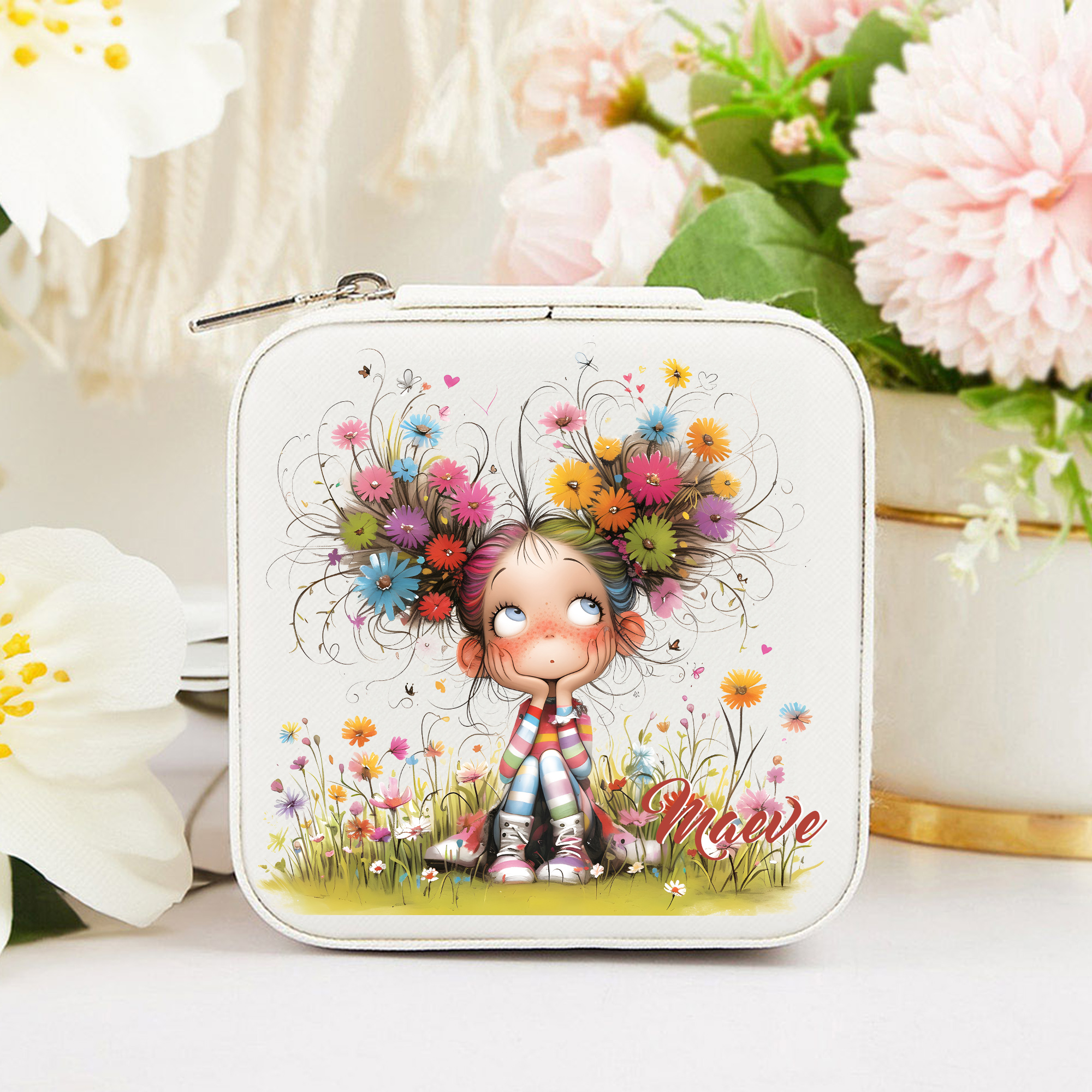 Boîte à bijoux personnalisée en cuir PU pour fille avec nom Accessoires de voyage portables Cadeau d'anniversaire pour femmes filles