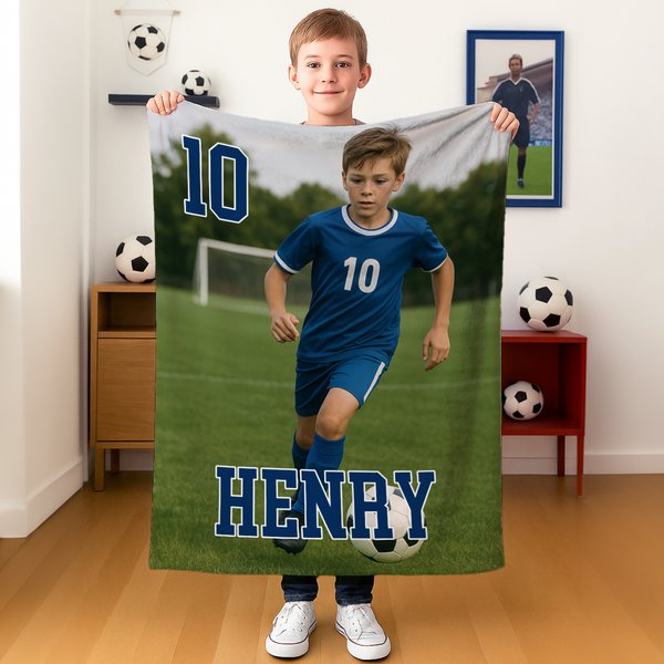 Personalized Sports Photo Soft Throw Blanket with Sports Number and Name Home Decor Birthday Gift for Sports Fans