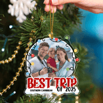 Luminaires de Noël personnalisés Photo du meilleur voyage Ornement suspendu en acrylique avec texte Année et corde dorée Décoration de la maison Cadeau de Noël pour la famille et les amis